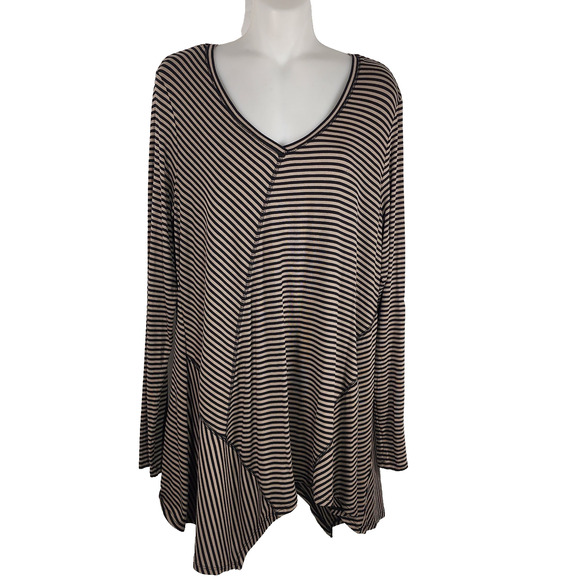 LOGO by Lori Goldstein Womens Striped Knit V Neck Top Asymmetric Hem Large Black - Picture 1 of 9